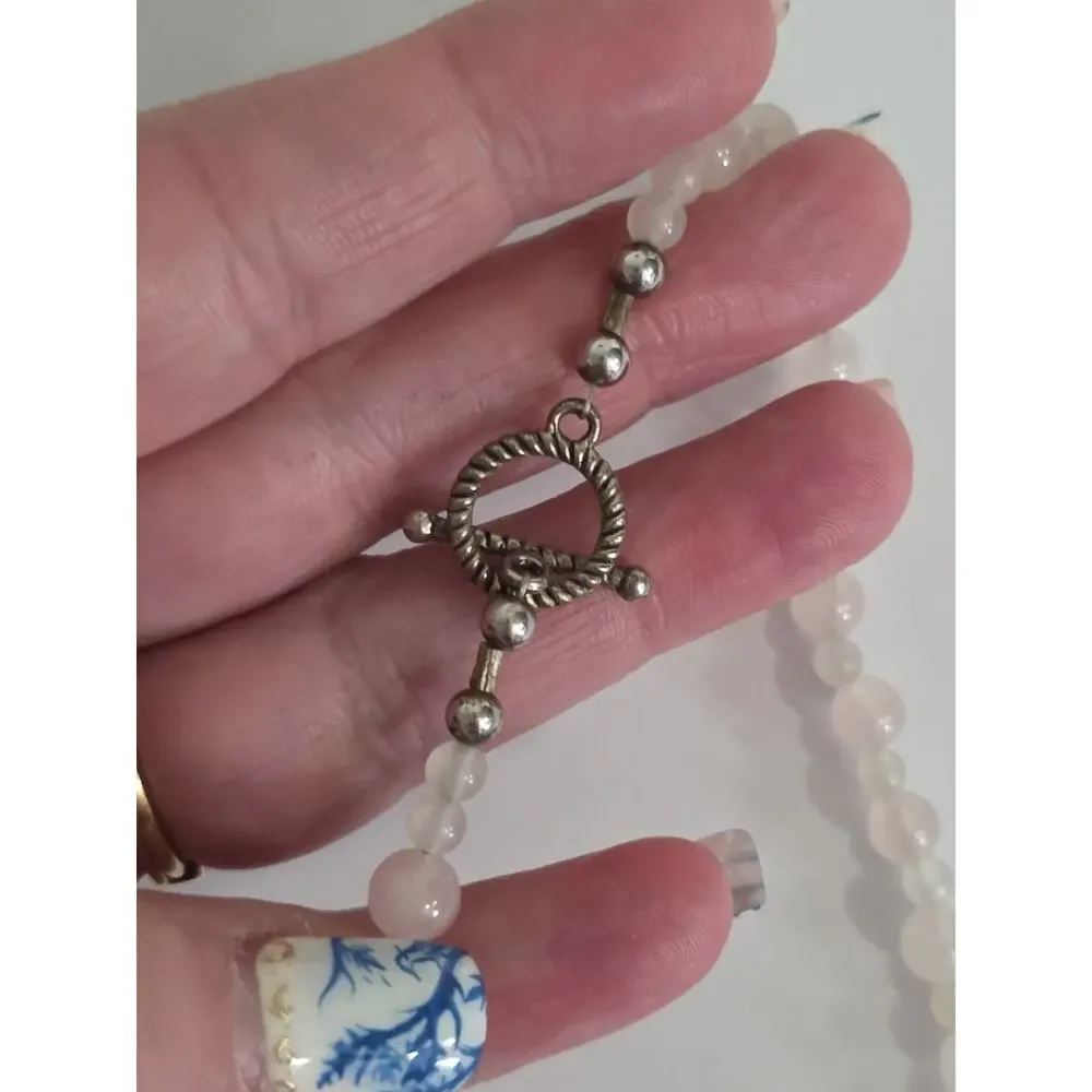 Rose Quartz Beaded Cross Pendant Necklace Silver Tone Toggle Clasp 22